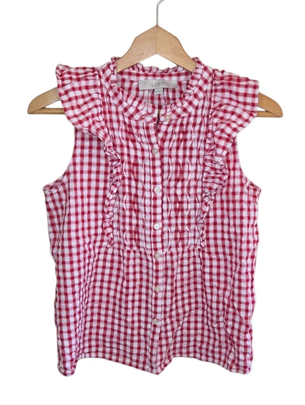 Loft Red White Gingham Check Ruffle Sleeveless Button Front Top Size XS Country